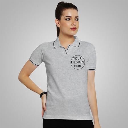 Grey Half Sleeves Women's Polo Collar Cotton T-Shirt