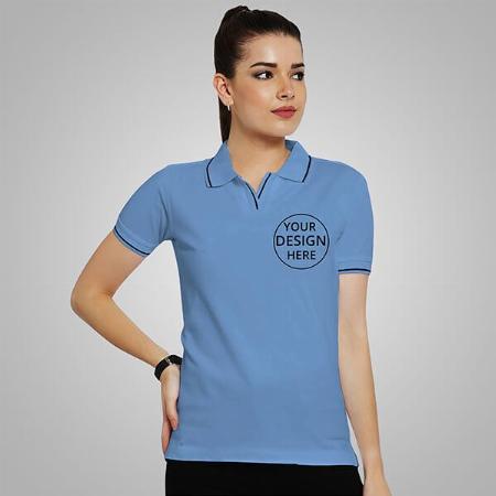 Indian Blue Half Sleeves Women's Polo Collar Cotton T-Shirt