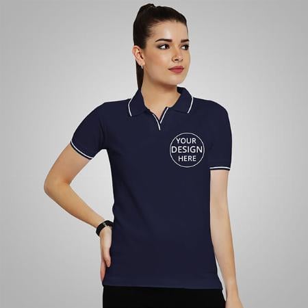 Navy Blue Half Sleeves Women's Polo Collar Cotton T-Shirt