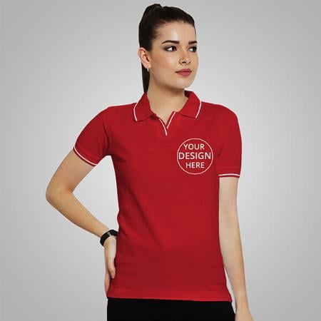 Red Half Sleeves Women's Polo Collar Cotton T-Shirt