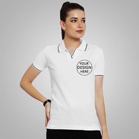 White Half Sleeves Women's Polo Collar Cotton T-Shirt