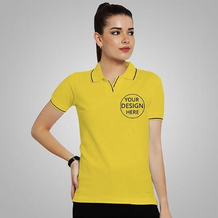 Yellow Half Sleeves Women's Polo Collar Cotton T-Shirt