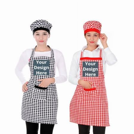 Black Red Customized Cotton Checkered Apron with Cap