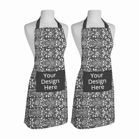 Grey Customized Cotton Printed Aprons with 1 Center Pocket, Adjustable Buckle on Top and 2 Long Ties on Both 2 Sides (Pack of 2)