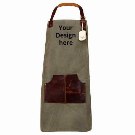 Brown Customized Canvas Leather Kitchen Apron with Leather Pocket, Handmade Adjustable Strap