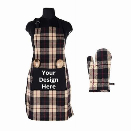 Black Customized Apron with Front Center Pocket &amp; Cotton Glove