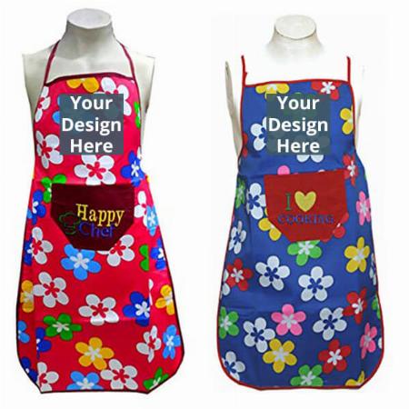 Red-Blue Customized Floral Print Waterproof Apron with Multipurpose Front Large Embroidered Pocket (Pack of 2)