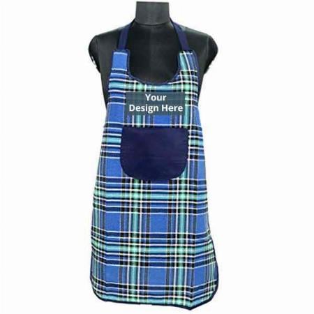 Blue Customized Checkered Design Waterproof Apron with Multipurpose Front Pocket