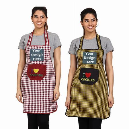 Maroon Yellow Customized Checkered Design Waterproof Apron (Pack of 2)