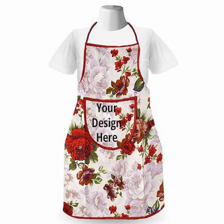 Red Customized Flower Printed Unisex Apron with Front Pocket