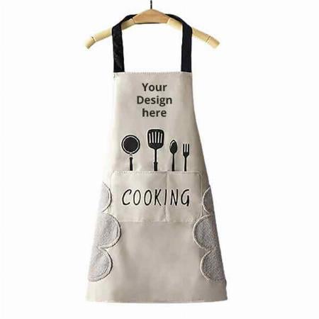 Off-White Customized Waterproof Kitchen Apron with Big Pocket &amp; Hand Wiping