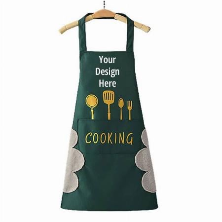 Dark Green Customized Waterproof Kitchen Apron, for Women and Men with Big Pocket and Creative Hand Wipping