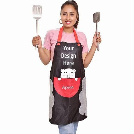 Black Customized Kitchen Apron Cute Bear With Center Pocket Hand Towel Women and Men Chef Cooking