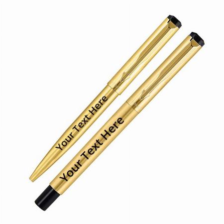 Gold Customized Parker Vector Trim Roller Ball Pen and Ball Pen Luxury Gift Set, Blue Ink, 3 Count (Pack of 1)