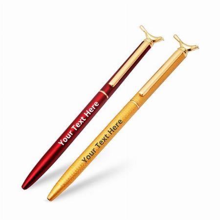 Golden and Red Customized Sleek Pen with Pigeon Cap Pack of 2