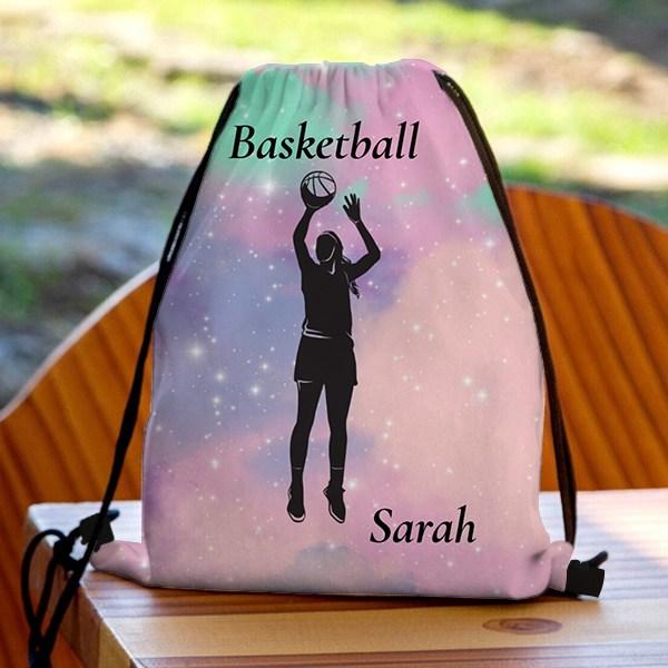 Girls Basketball With Watercolor Background Customized Full Print Canvas Drawstring Bag for Men & Women