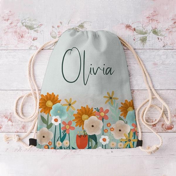 Girls Cute and Whimsical Floral Kids Customized Full Print Canvas Drawstring Bag for Men & Women