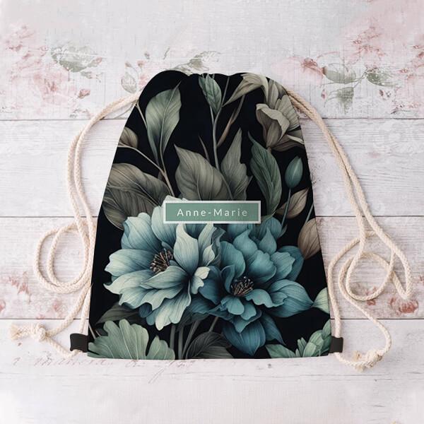 Floral Modern Black Blue Girly Elegant Stylish Customized Full Print Canvas Drawstring Bag for Men & Women
