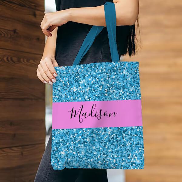 Glam Sky Blue Pink Glitter Sparkles Name Monogram Customized Full Print Tote Bag for Women & Men