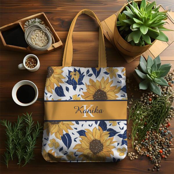 Sunflower Design with Name Customized Full Print Tote Bag for Women & Men