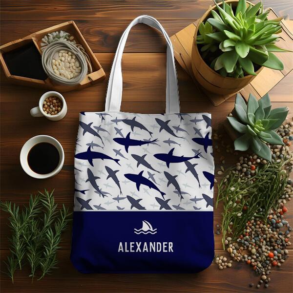 Blue and White Shark Pattern Design Customized Full Print Tote Bag for Women & Men