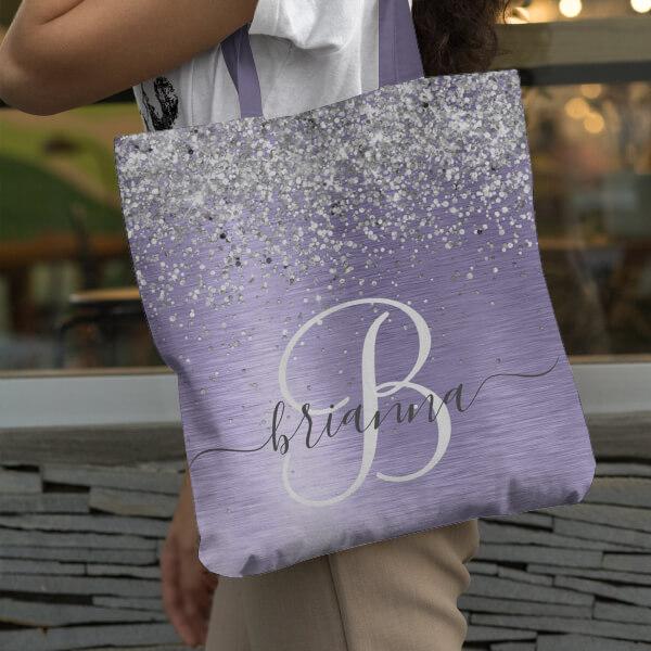 Purple Brushed Metal Silver Glitter Monogram Customized Full Print Tote Bag for Women & Men