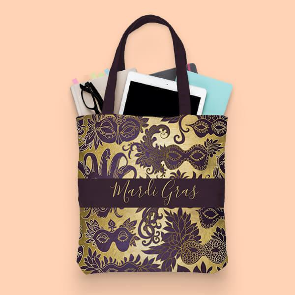 Gold and Purple Masks Monogram Customized Full Print Tote Bag for Women & Men