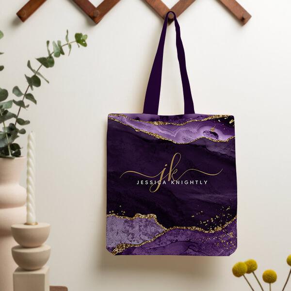 Modern Purple Agate Gold Glitter Script Monogram Customized Full Print Tote Bag for Women & Men