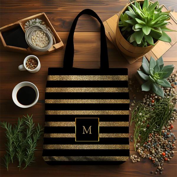 Modern Chic Black and Gold Stripes Customized Full Print Tote Bag for Women & Men
