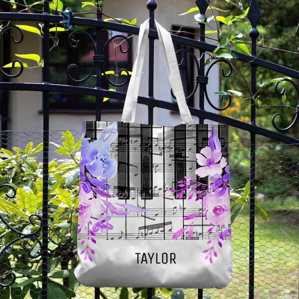 Blue Purple Flowers Music Notes Piano Customized Full Print Tote Bag for Women & Men