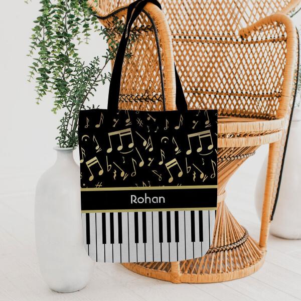 Musical Notes and Piano Keys Black and Gold Customized Full Print Tote Bag for Women & Men