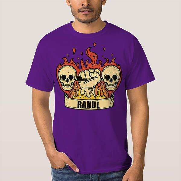 Fire and Skull Customized Printed Men's Half Sleeves Cotton T-Shirt
