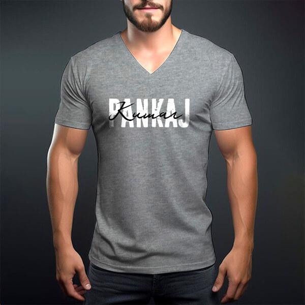 Signature Name V Neck Customized Printed Men's Half Sleeves Cotton T-Shirt