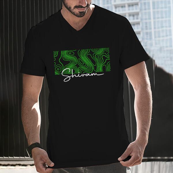 Neon Green V Neck Customized Printed Men's Half Sleeves Cotton T-Shirt