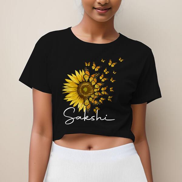 Sunflower Customized Printed Women's Half Sleeves Cotton Crop Top T-Shirt
