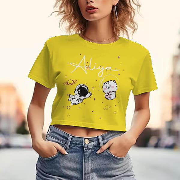 Floating Astronaut Customized Printed Women's Half Sleeves Cotton Crop Top T-Shirt