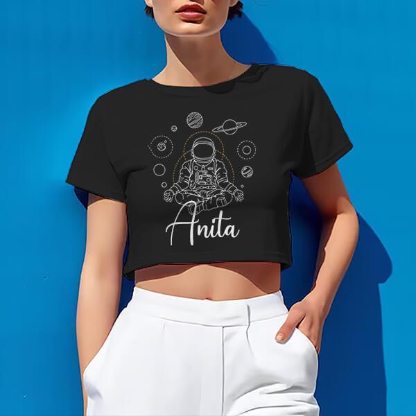 Meditating Astronaut Customized Printed Women's Half Sleeves Cotton Crop Top T-Shirt