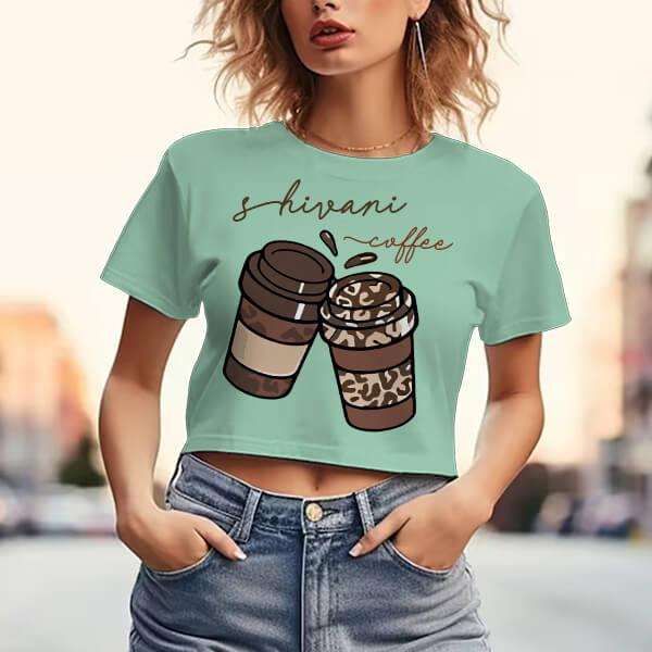 Coffee Customized Printed Women's Half Sleeves Cotton Crop Top T-Shirt