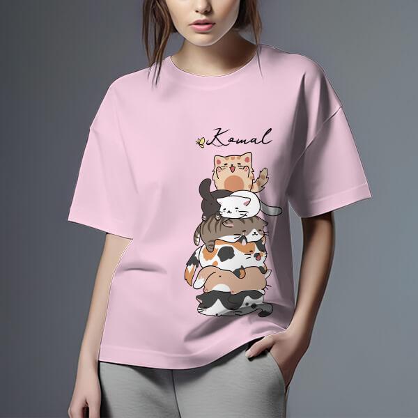 Cat Lover Oversized Hip Hop Customized Printed Women's Half Sleeves Cotton T-Shirt