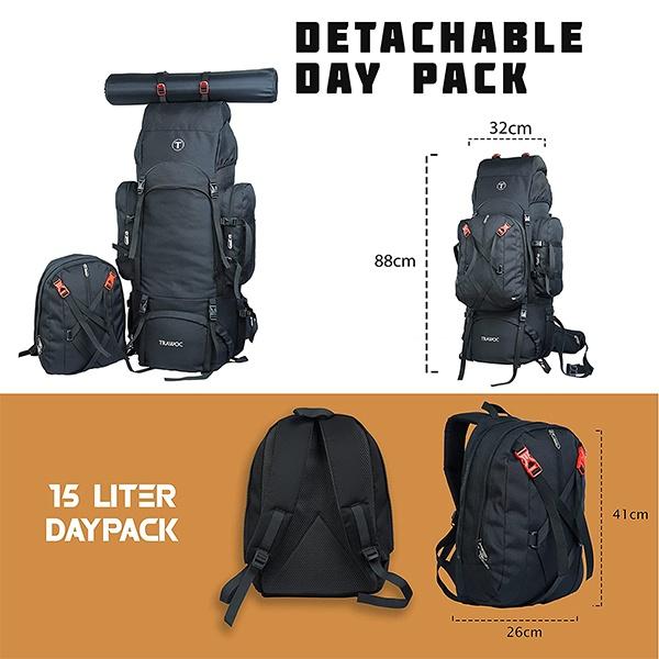 Black Customized 95L Internal Frame Travel Backpack With Detachable Daypack / Camping Hiking Trekking Bag Rucksack