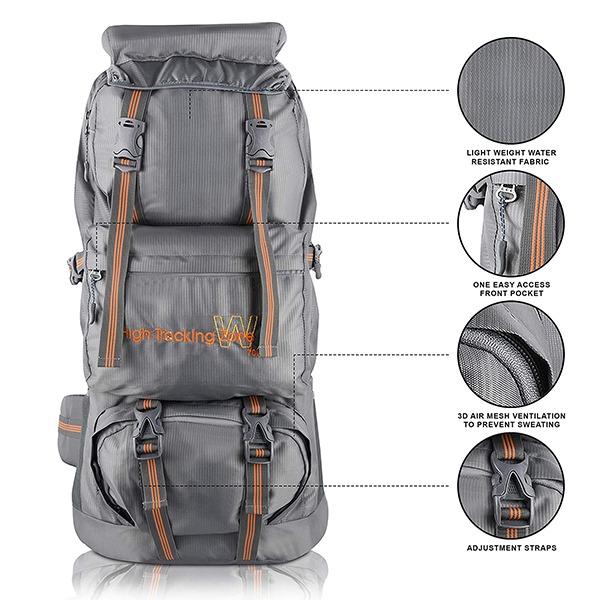 Grey Customized Travel Backpacks For Trekking And Hiking, Backpack For Outdoor Sport Camp Hiking 65 Litre