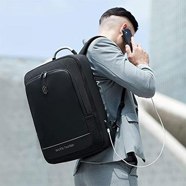 Black Customized Arctic Hunter 17 Inch Laptop Bag, Office Bag, Expandable, Waterproof, External USB, Trolley Strap, Anti-Theft Backpack
