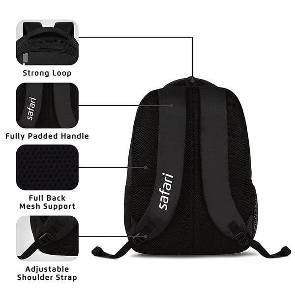Black Customized Safari Laptop Backpack 26 Ltrs Water Resistant Fabric