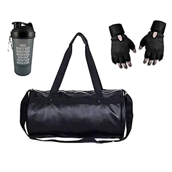 Black Customized Polyester Antique Gym Bag, Protein Shaker and Gym Glove with Wrist Support Combo