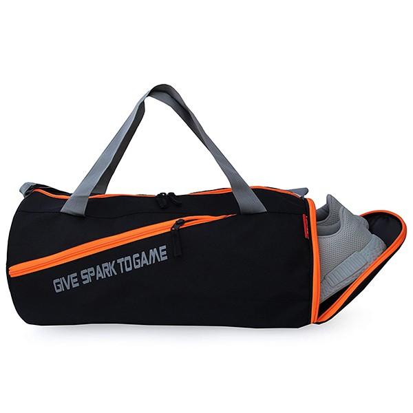 Orange, Black Customized Polyester Duffel Spark Gym Bag, Shoulder Bag for Men & Women with Shoe Compartment