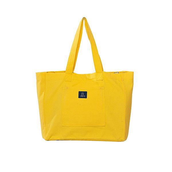 Yellow Customized Women Cotton Canvas Tote Bag, Solid Color Shoulder Bag With Magnetic Button Closure, For Shopping, Travel, Work, Beach, Office, College