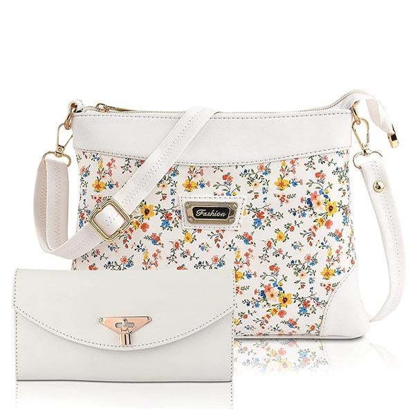White Floral Customized Women's Handbag With Clutch (Combo of 2)