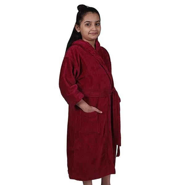 Maroon Customized Hooded Bathrobe For 10 To 14 Year Old Boys & Girls, Full Sleeve, 100% Combed Cotton Material