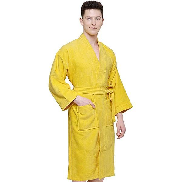 Yellow Customized Terry Cotton Unisex Bathrobe For Men And Women