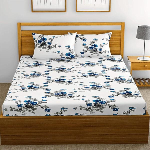White and Blue Customized Cotton Comfort 160 TC Cotton Floral Double Bedsheet with 2 Pillow Covers
